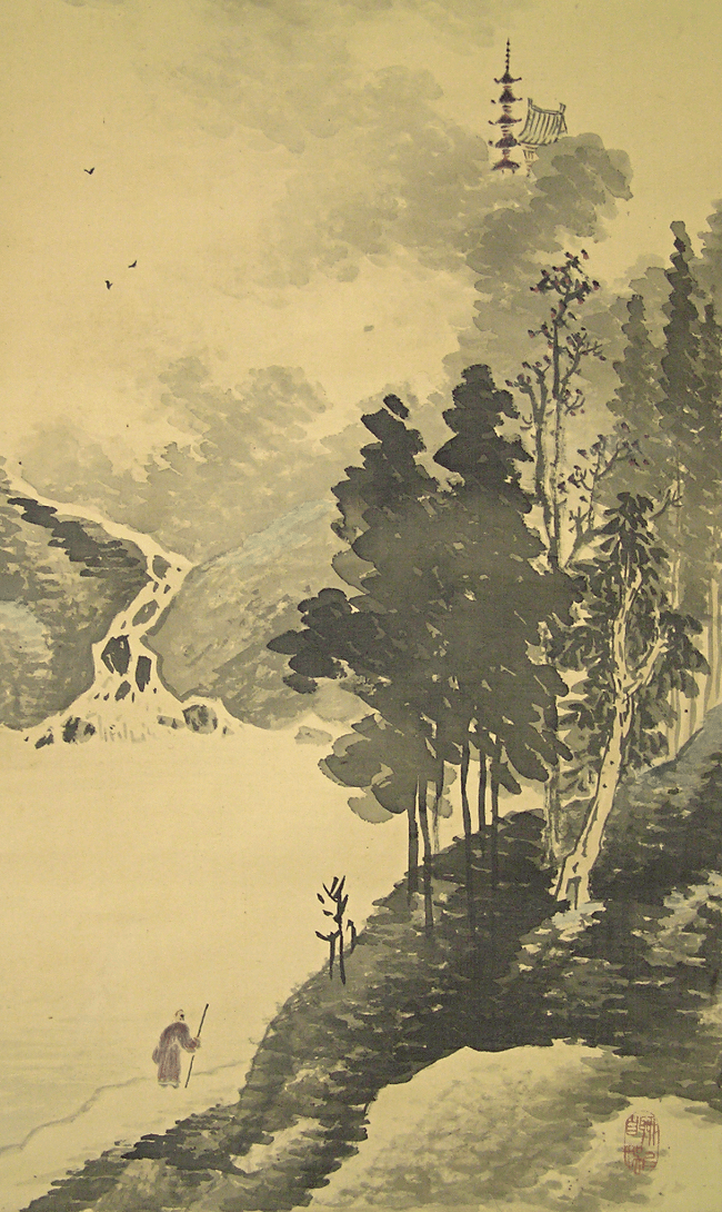 A Monk Walking along a River